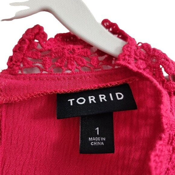 Torrid Blouse 1X Red Crinkle Gauze Crochet Detail Top‎ Longsleeve Casual - Picture 5 of 12